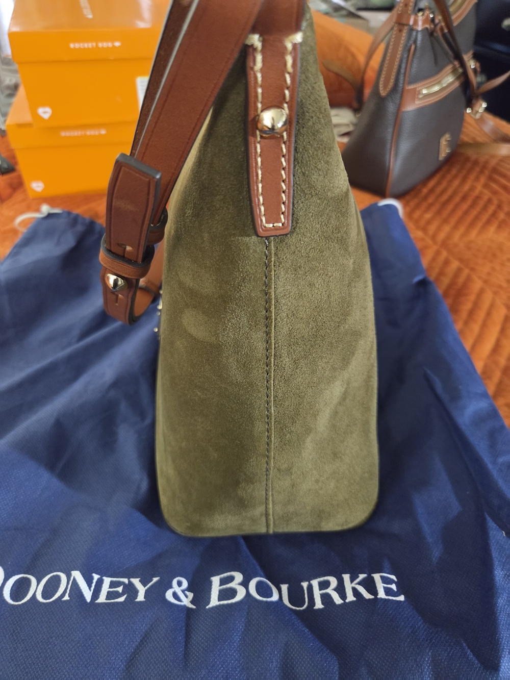 Dooney & Bourke Olive Suede Hobo Bag with Brown Leather Trim 9.5x5.5x11.5 - Picture 4 of 9